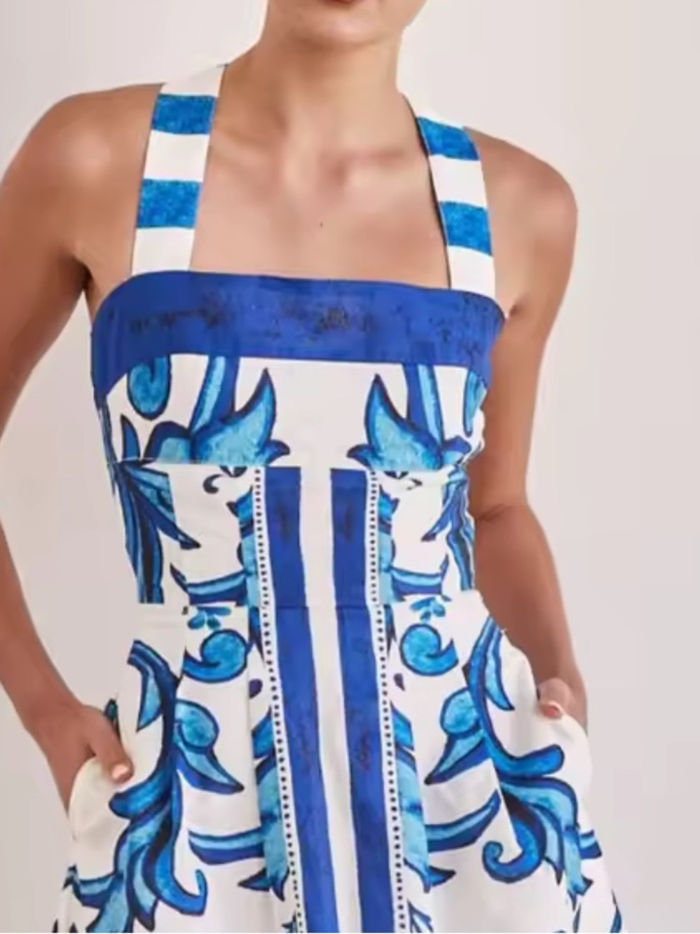 NEW Summer York Vacay Dress Blue and White Printed Halter Sundress - Picture 3 of 6